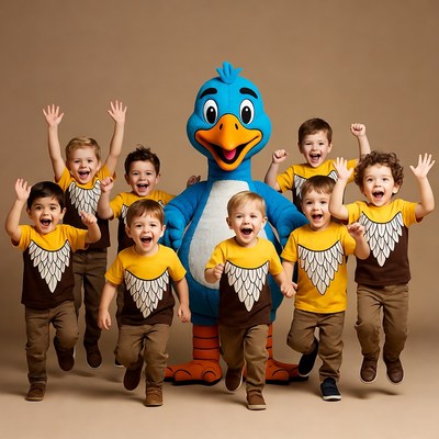 Boys jumping with blue bird mascot
