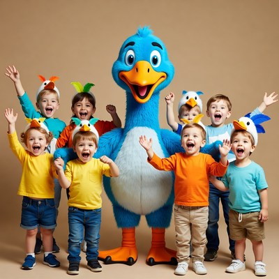 Blue mascot with happy children