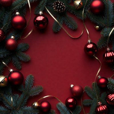 Red Christmas Ornaments with Pine Branches