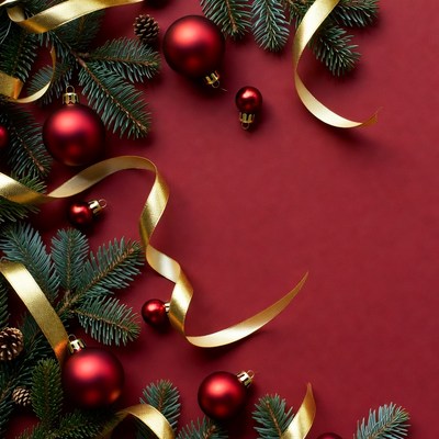 Christmas ornaments on red background