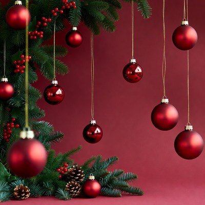 Red Christmas Baubles Hanging on Fir Branches