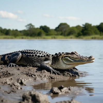 Alligator on muddy riverbank