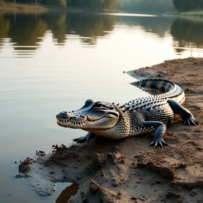 Alligator on riverbank at dawn