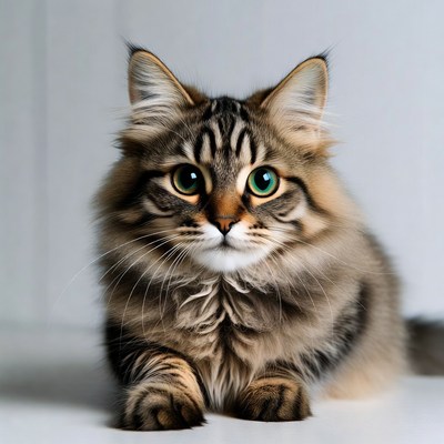 Fluffy tabby cat with green eyes