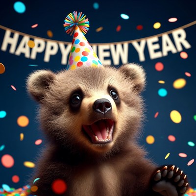 Bear cub in party hat Happy New Year