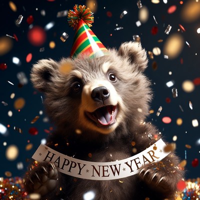 Raccoon in party hat holding Happy New Year banner