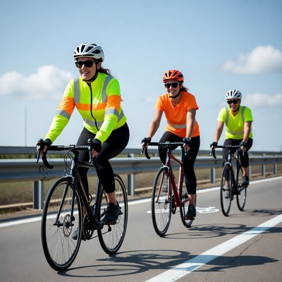 Women cyclists riding bikes on bridge