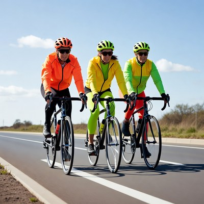 Three women cycling in bright jackets