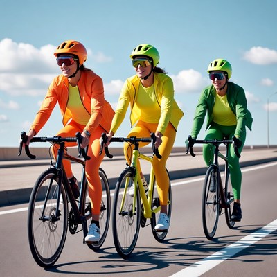 Three women cycling in colorful suits