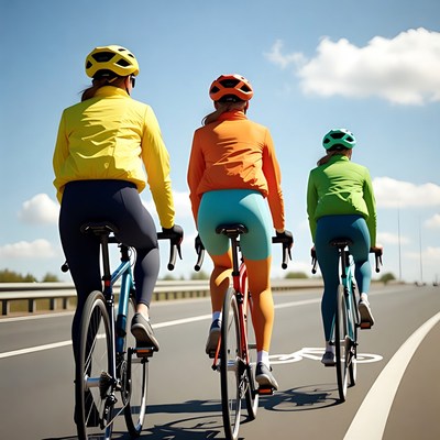 Three women cycling on road