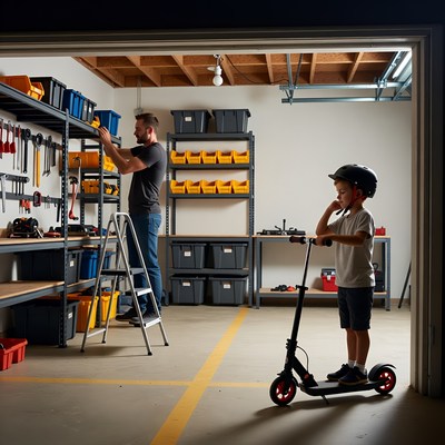 Father and son in organized garage
