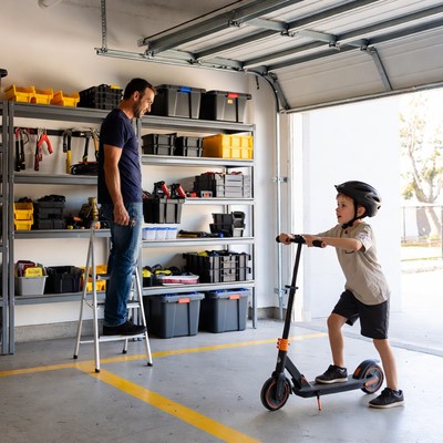 Father watching boy ride scooter in garage