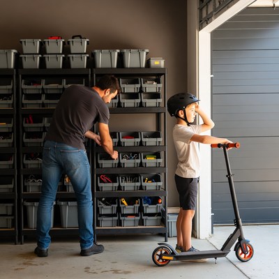 Father helping boy with scooter in garage