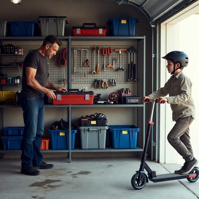 Father and son with scooter in garage