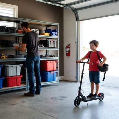 Father and son with scooter in garage