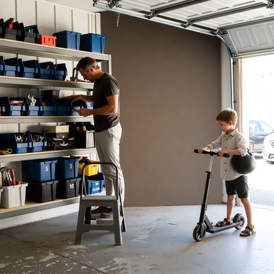 Father and son with scooter in garage