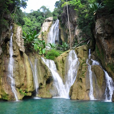 Tropical Multi-Tiered Waterfall Cascade