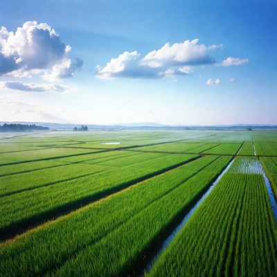 Aerial View of Lush Rice Paddy Fields