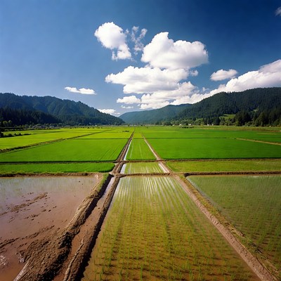 Aerial View of Lush Rice Paddy Fields