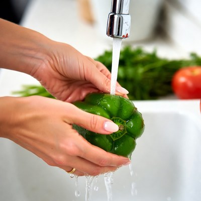 Woman washing green bell pepper
