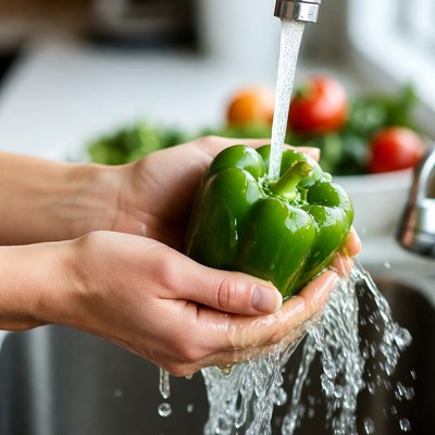 Woman washing green bell pepper