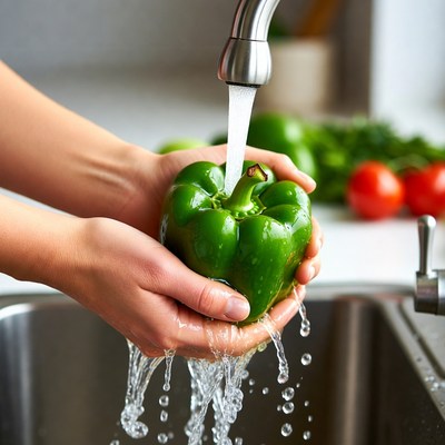 Woman Washing Green Bell Pepper