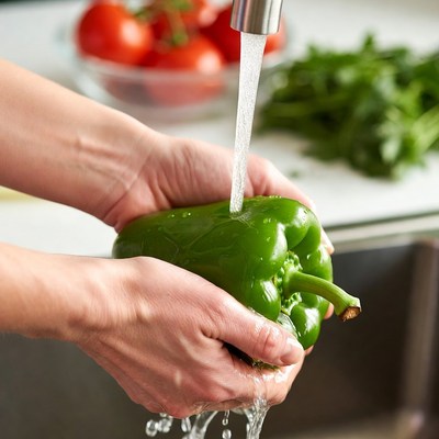 Woman washing green bell pepper