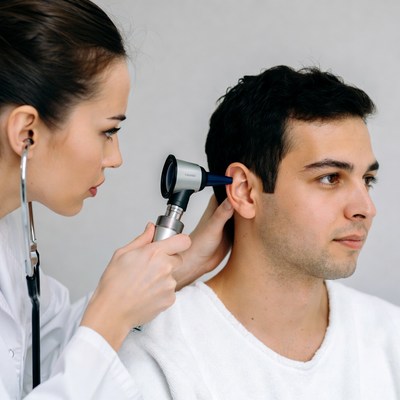 Female doctor examining man's ear
