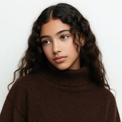 Young woman with curly hair in turtleneck