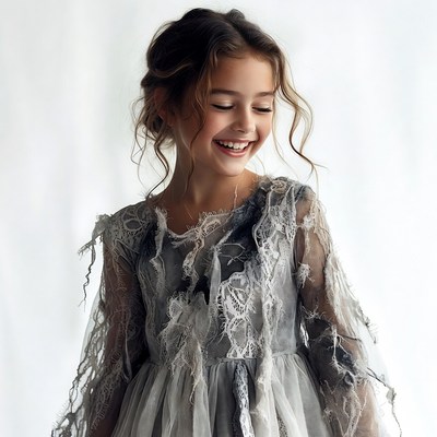 Girl smiling in tattered lace dress