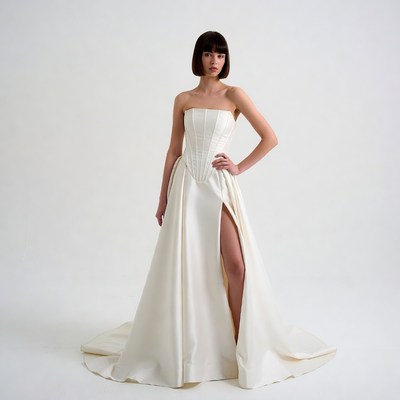 Woman in white satin gown with slit