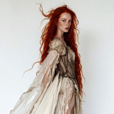 Woman with flowing red hair in lace gown