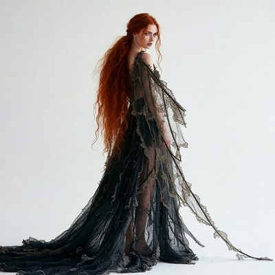 Redhead woman in black lace gown