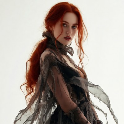 Redhead woman in sheer black gown