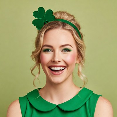 Blonde woman smiling with shamrock headband