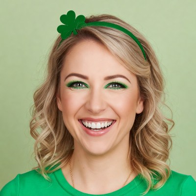 Blonde woman smiling with shamrock headband