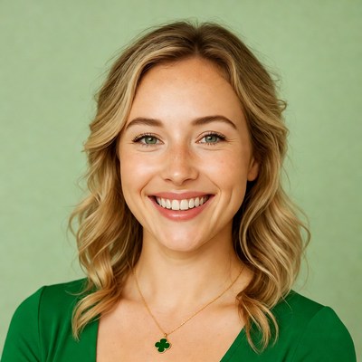 Smiling blonde woman wearing green shamrock necklace