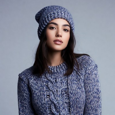 Woman in blue knit beanie and sweater