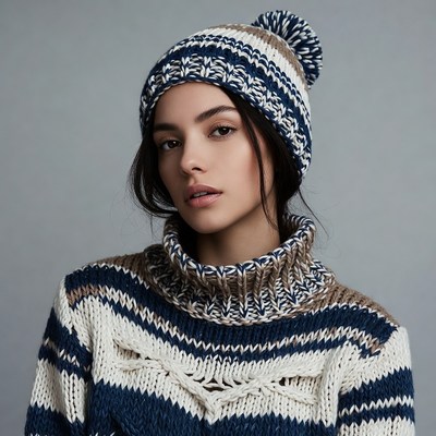 Woman in striped knit beanie sweater