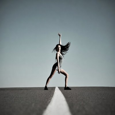 Woman dancing on road centerline