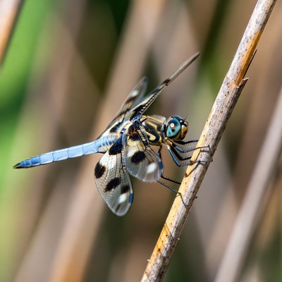Dragonfly perched on reed stem