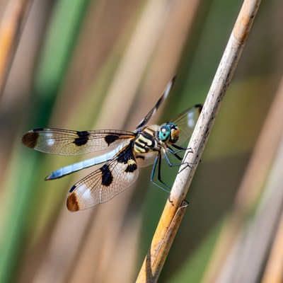 Dragonfly perched on reed stem