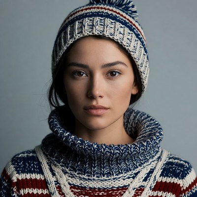 Woman in striped knit beanie and sweater