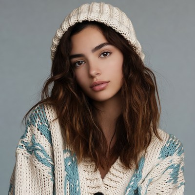 Woman in white knit beanie and sweater