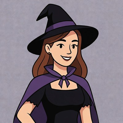 Smiling Witch Woman in Hat and Cape