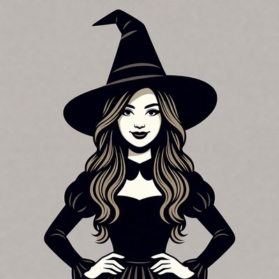 Witch woman in black hat dress