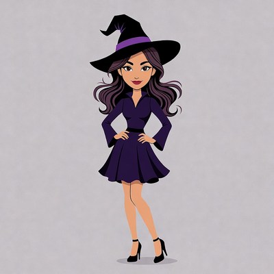 Cartoon Witch Woman in Purple Dress