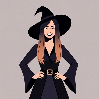 Asian witch in black dress and hat