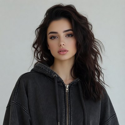 Woman in black hoodie with wavy hair