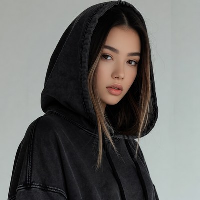 Asian woman in black hoodie